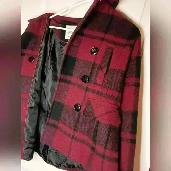 Maralyn & me Fall coatigan Winter wool Red Black Plaid Checkered Chore pea coat - Picture 5 of 7